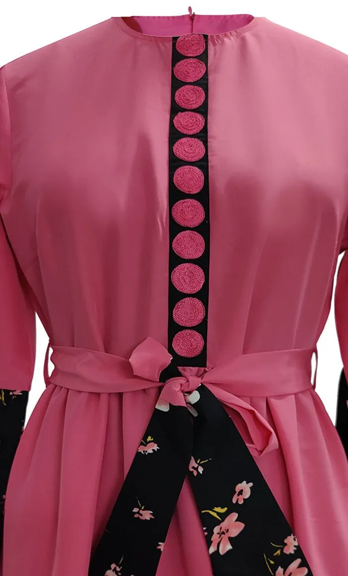 Creative Contrasted Printed Detailing Abaya With Pockets