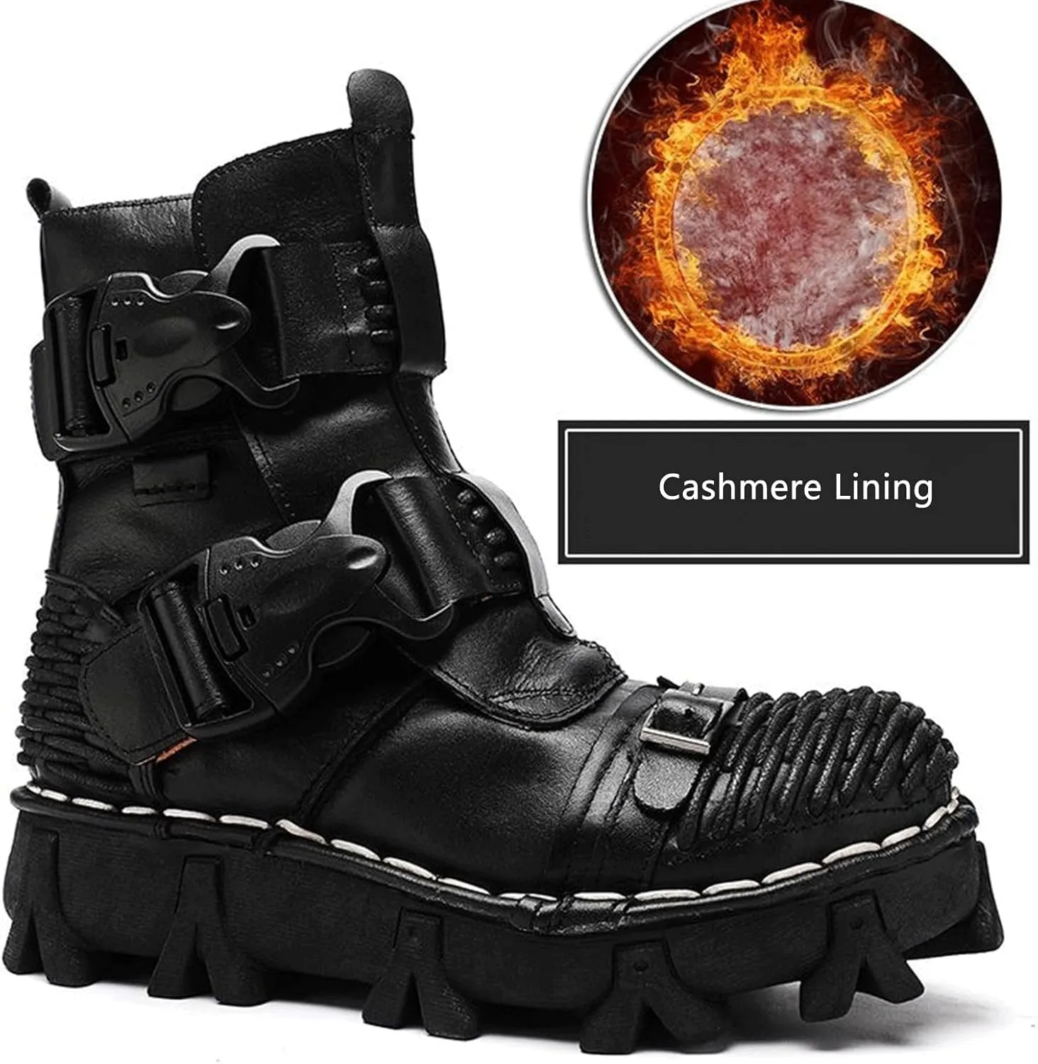 Fashion Men Leather Motorcycle Boots, Winter Street Riding Punk Ankle Boots, Buckle Mid-Calf Work Shoes
