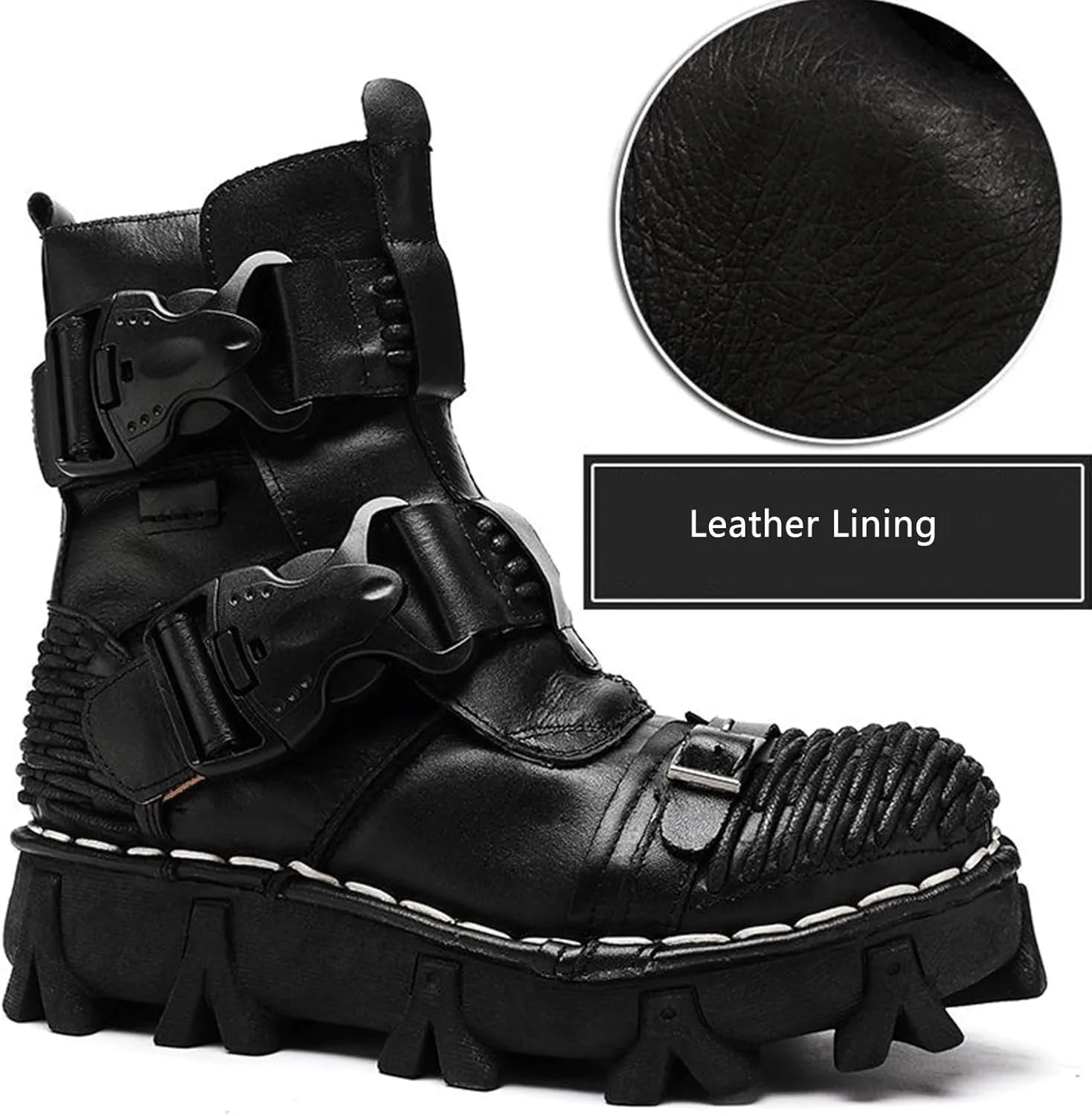 Fashion Men Leather Motorcycle Boots, Winter Street Riding Punk Ankle Boots, Buckle Mid-Calf Work Shoes
