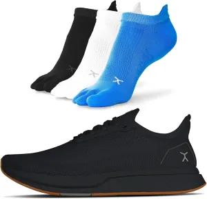 FLUX FOOTWEAR Adapt Bundle  Womens Zero-Drop Running Shoes with Knit Upper & UltraFlex Midsole   3-Pack Large No-Show Toe Socks  Lightweight, Breathable, and Versatile  Black/Gum RN - W13.5/M12
