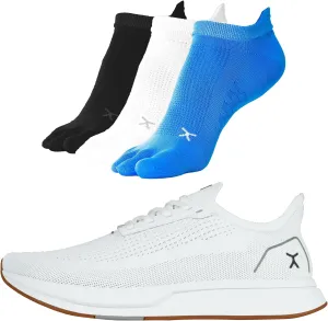 FLUX FOOTWEAR Adapt Bundle  Womens Zero-Drop Running Shoes with Knit Upper & UltraFlex Midsole   3-Pack Large No-Show Toe Socks  Lightweight, Breathable, and Versatile  White/Gum RN - W/13.5/M12