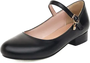 Gicoiz Round Toe Mary Jane Womens Girls Block Mid Heels Court Shoes
