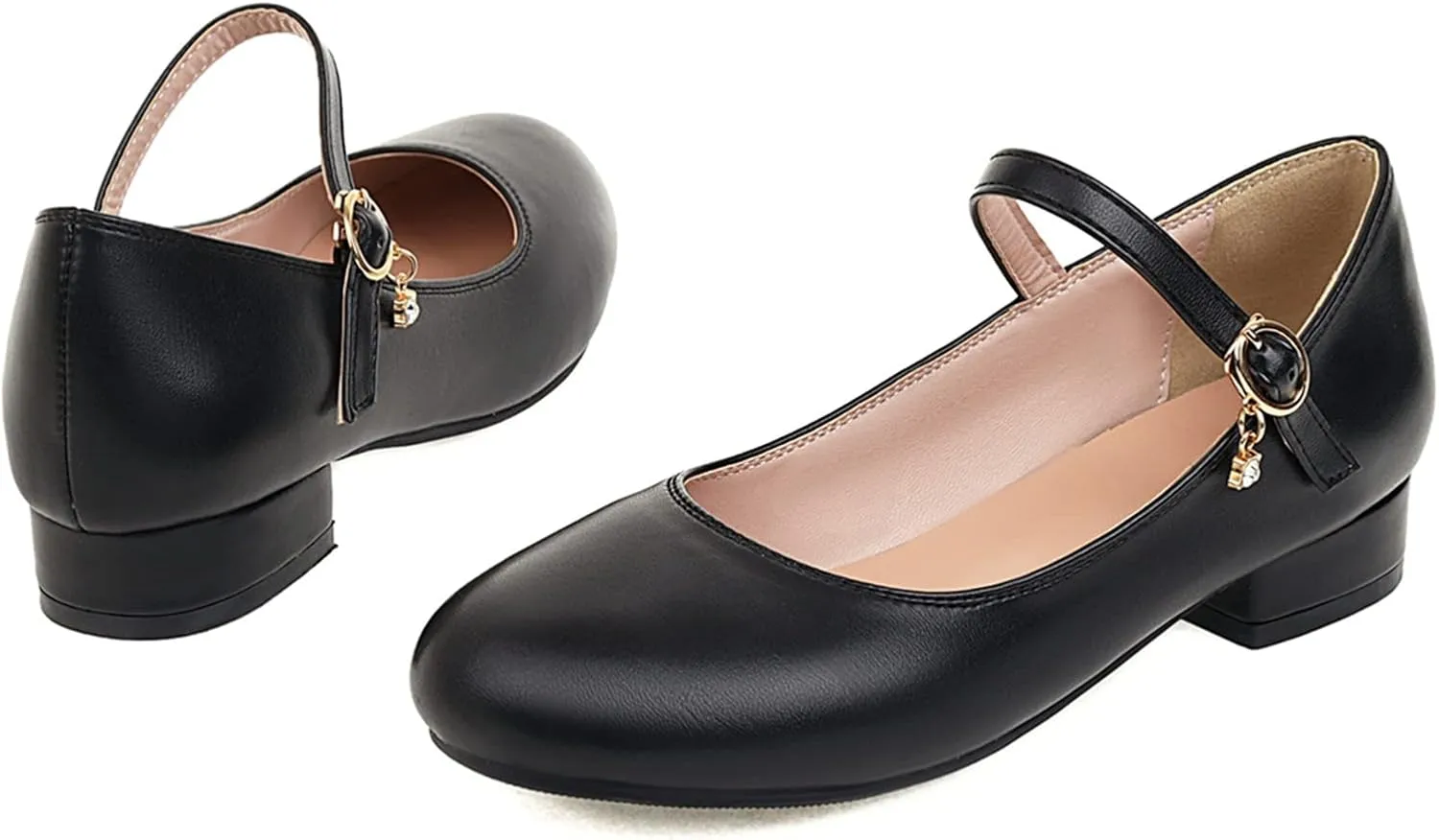 Gicoiz Round Toe Mary Jane Womens Girls Block Mid Heels Court Shoes