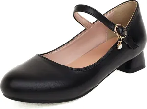 Gicoiz Round Toe Mary Jane Womens Girls Block Mid Heels Court Shoes