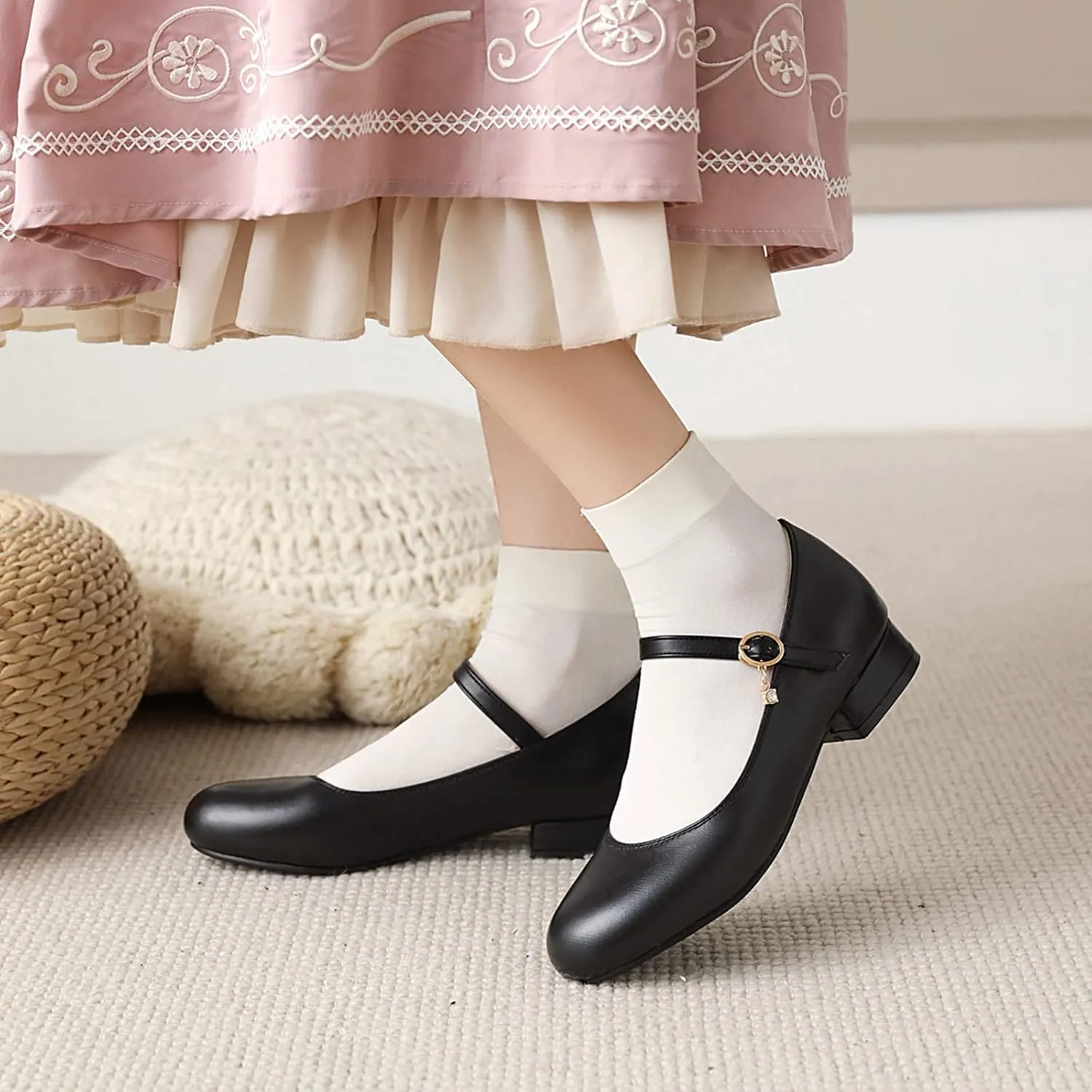 Gicoiz Round Toe Mary Jane Womens Girls Block Mid Heels Court Shoes