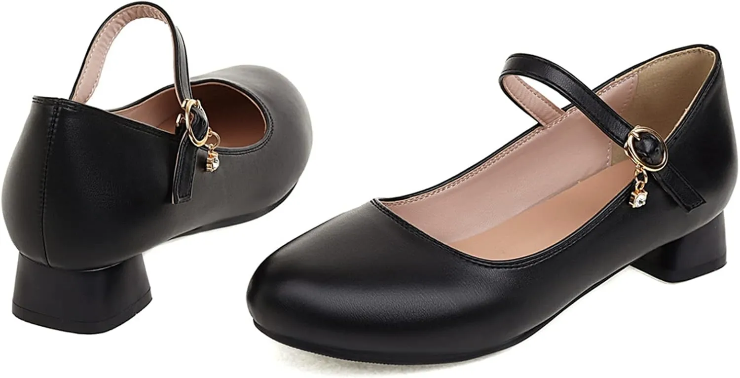 Gicoiz Round Toe Mary Jane Womens Girls Block Mid Heels Court Shoes