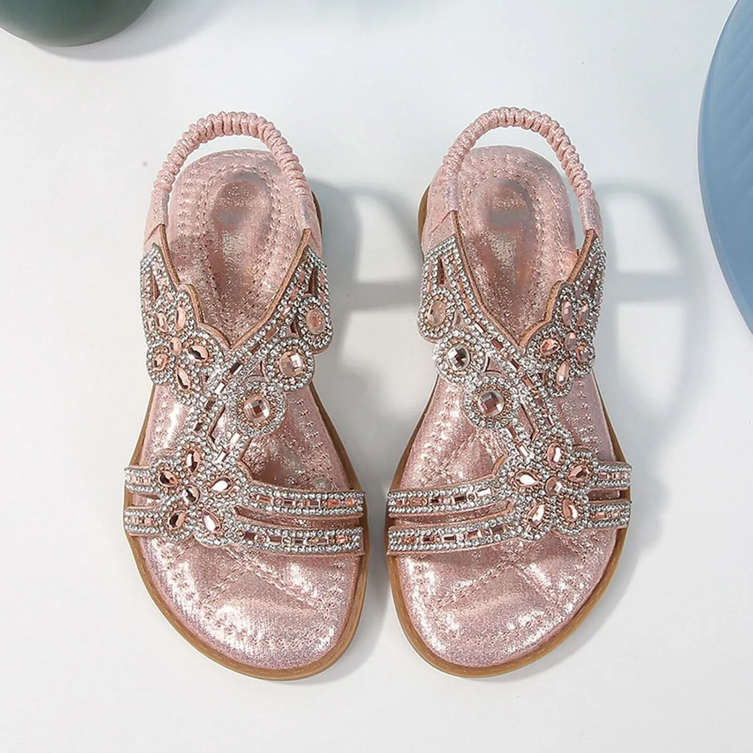 Girls Bohemian Crystal Flats Rhinestone Flat Sandals Kids Glitter Open Toe Elastic Ankle Strap Summer Beach Sandal
