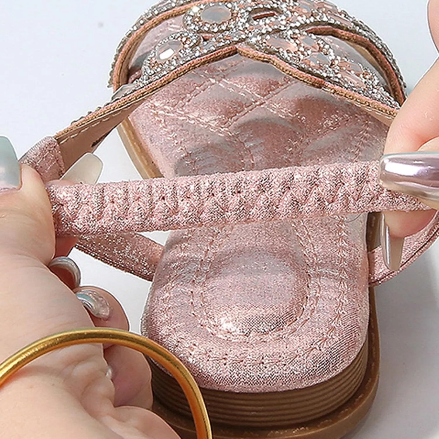Girls Bohemian Crystal Flats Rhinestone Flat Sandals Kids Glitter Open Toe Elastic Ankle Strap Summer Beach Sandal