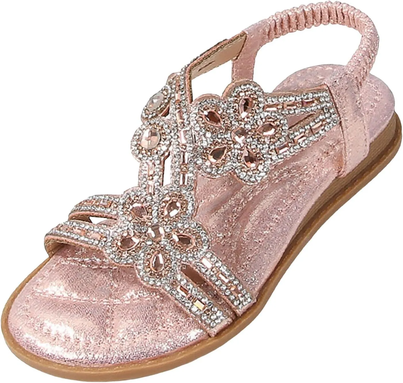 Girls Bohemian Crystal Flats Rhinestone Flat Sandals Kids Glitter Open Toe Elastic Ankle Strap Summer Beach Sandal