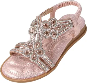 Girls Bohemian Crystal Flats Rhinestone Flat Sandals Kids Glitter Open Toe Elastic Ankle Strap Summer Beach Sandal