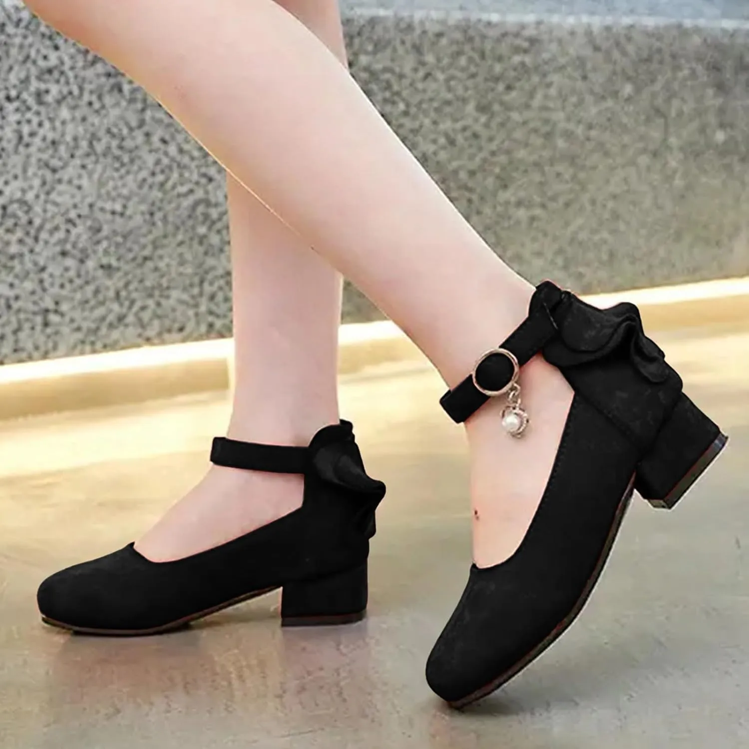 Girl's Mary Jane Heels with Bow Retro Closed Round Toe Pumps Ankle Strap Low Heels Chic Bowtie Dress Wedding Party Shoes