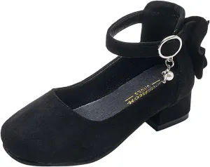 Girl's Mary Jane Heels with Bow Retro Closed Round Toe Pumps Ankle Strap Low Heels Chic Bowtie Dress Wedding Party Shoes