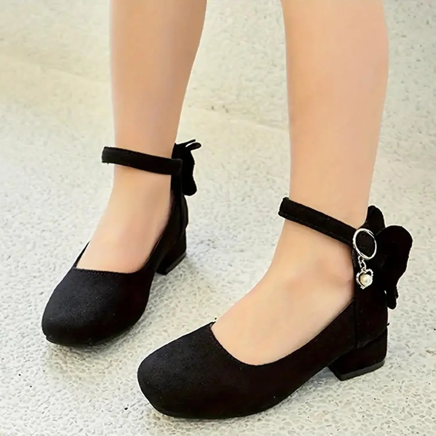 Girl's Mary Jane Heels with Bow Retro Closed Round Toe Pumps Ankle Strap Low Heels Chic Bowtie Dress Wedding Party Shoes