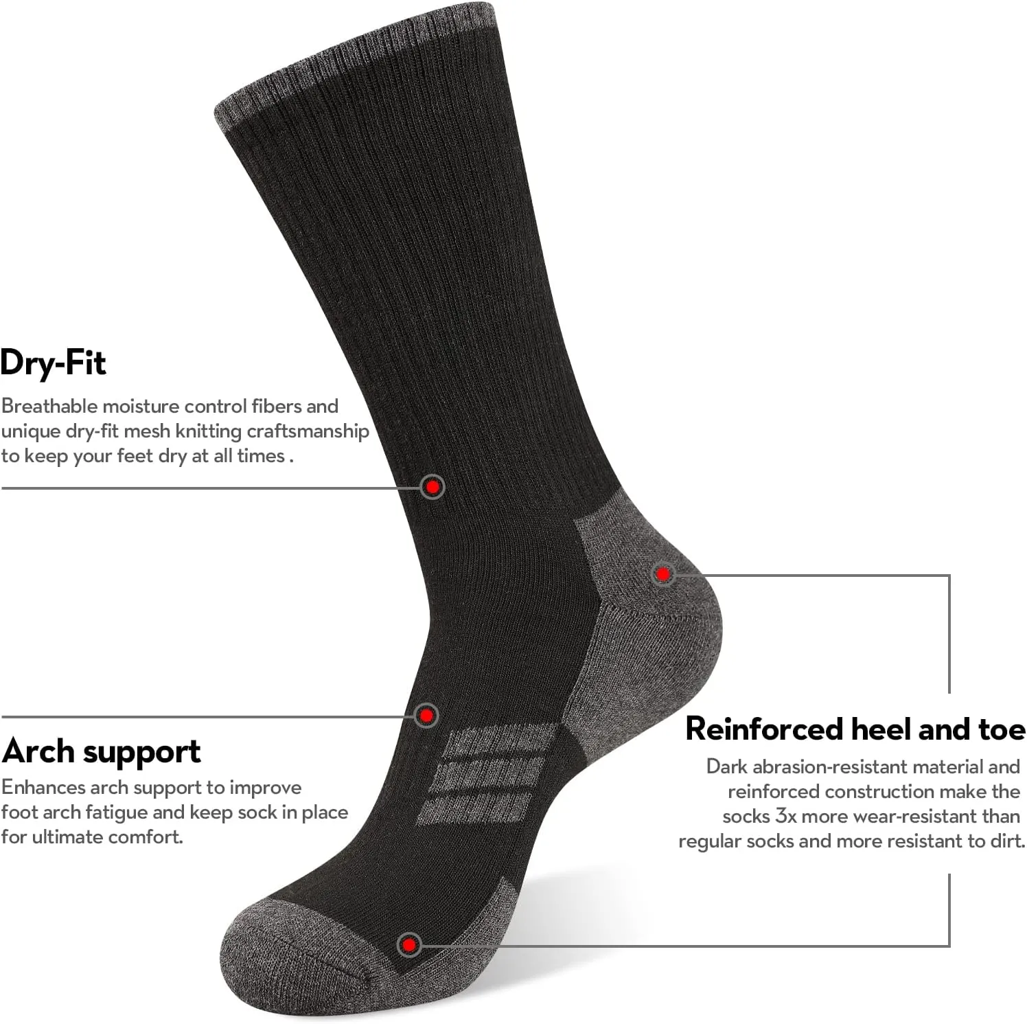 Heatuff Mens Moisture Wicking Heavy Cushion Crew Socks, Reinforced Heel & Toe Durable Socks