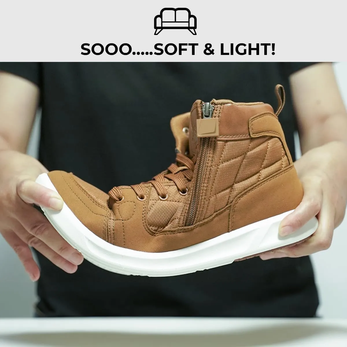 High-Top Mens Casual Shoes - Genuine Microfiber Suede Boots with Side Zipper, Lightweight Flexible Sole, Well-Cushioned Breathable and Removable Insoles