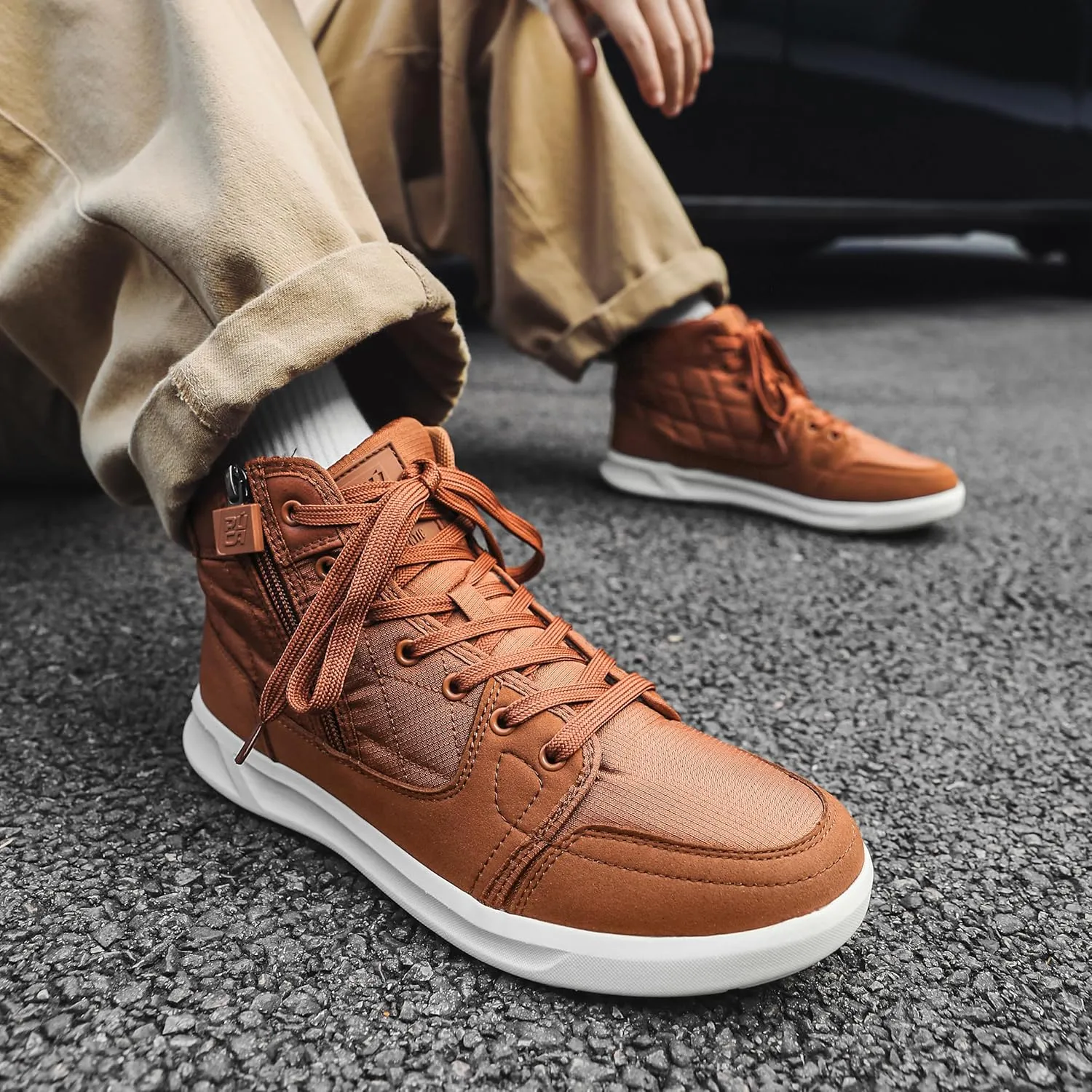 High-Top Mens Casual Shoes - Genuine Microfiber Suede Boots with Side Zipper, Lightweight Flexible Sole, Well-Cushioned Breathable and Removable Insoles