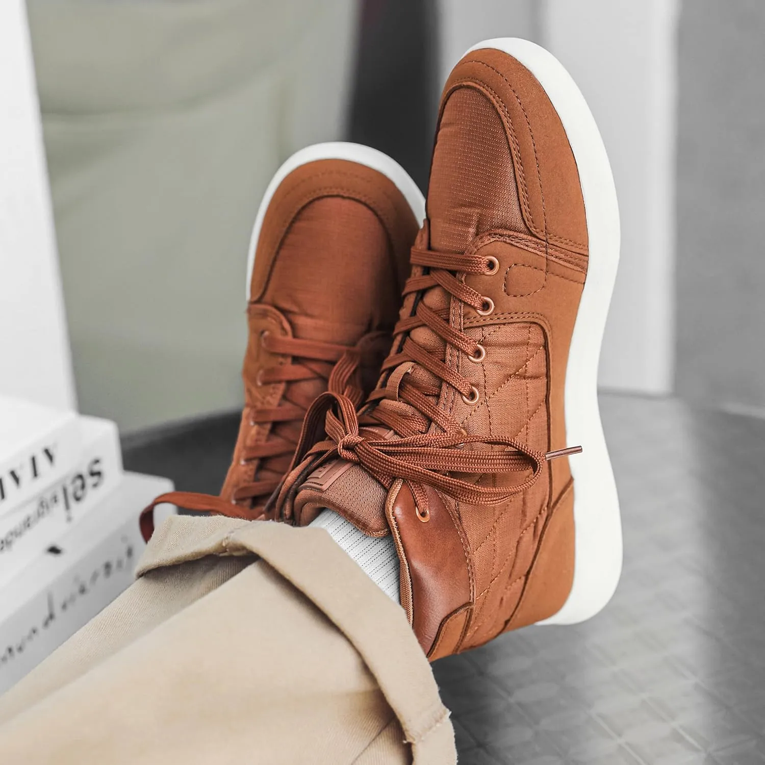 High-Top Mens Casual Shoes - Genuine Microfiber Suede Boots with Side Zipper, Lightweight Flexible Sole, Well-Cushioned Breathable and Removable Insoles
