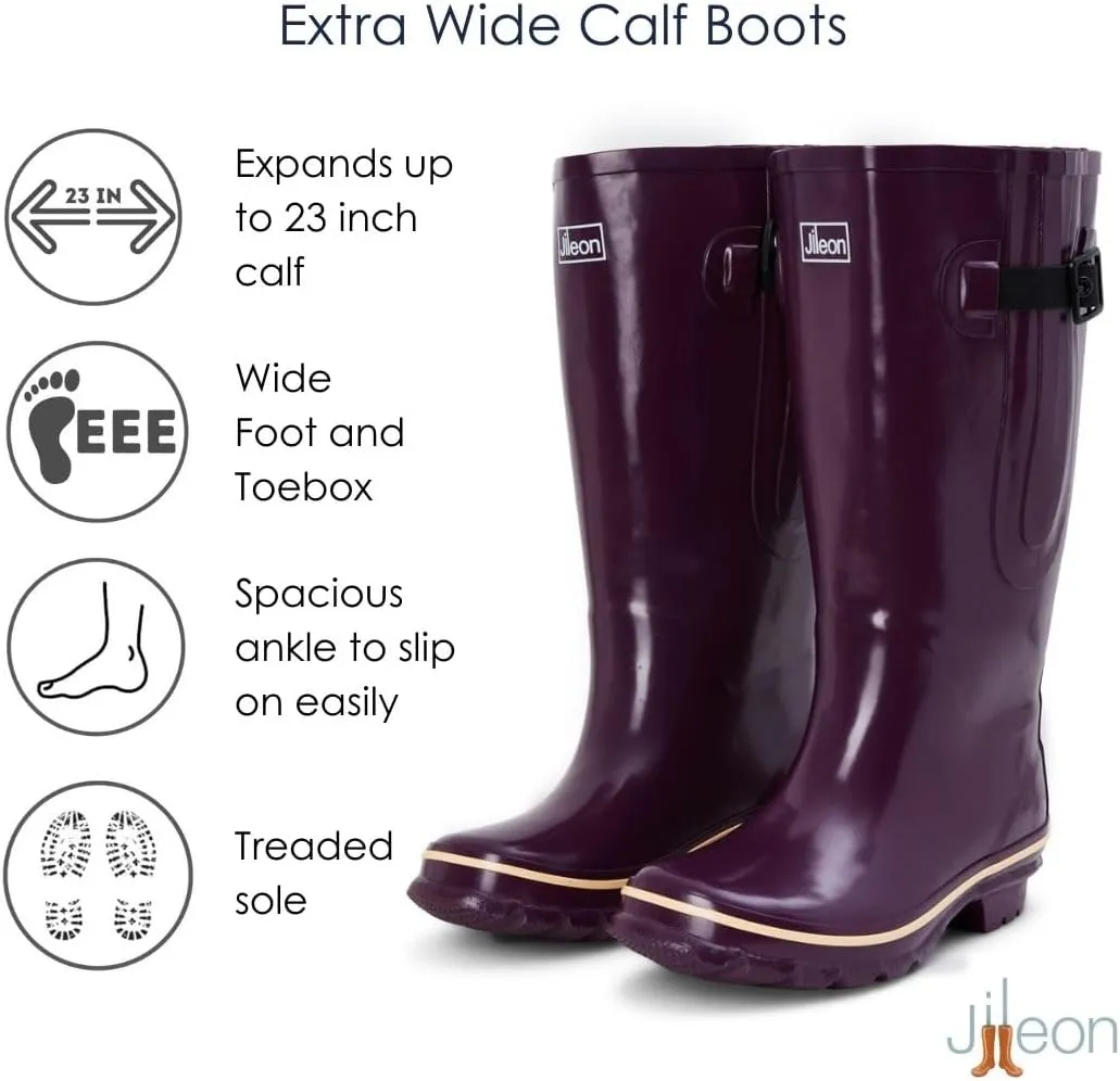 Jileon Extra Wide Calf Rain Boots - Ideal for Wide Feet, Ankles & Calves - Fit 16 to 23 Calves - Durable & Waterproof