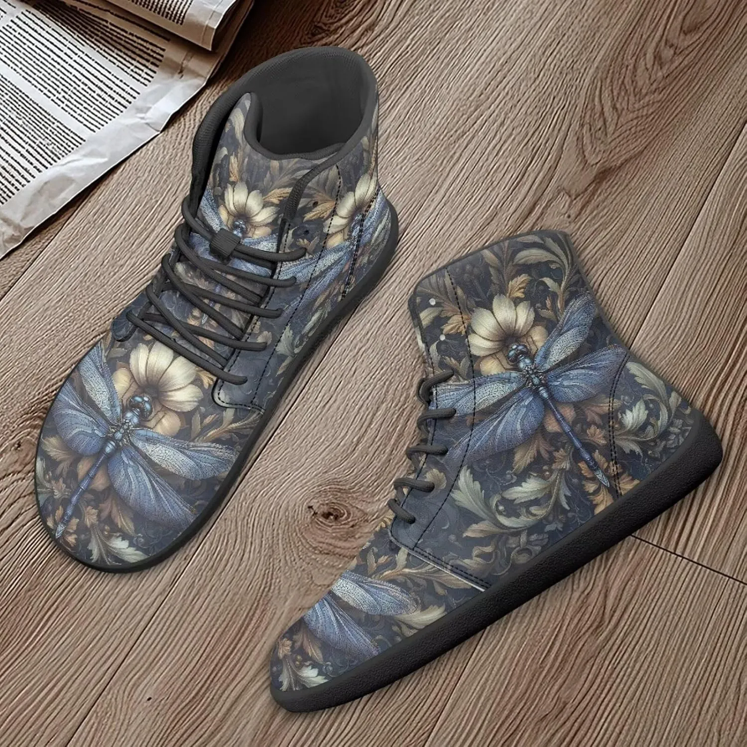 JoyLamoria Skull Rose Butterfly High Top Women Shoes Fashion Lace Walking Tennis Shoes Leather Hip Hop Street Sneaker