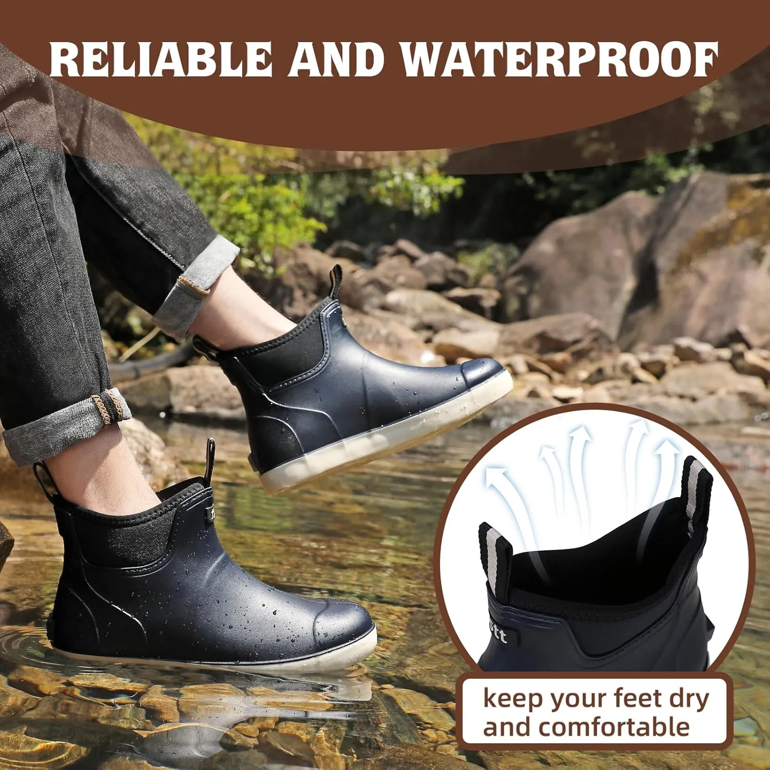 Mens Deck Boots, Waterproof Men High Traction Fishing Boots, Lightweight Garden Rain Boots, Rubber Boots for Work Ankle, Durable Water Shoes for Boat