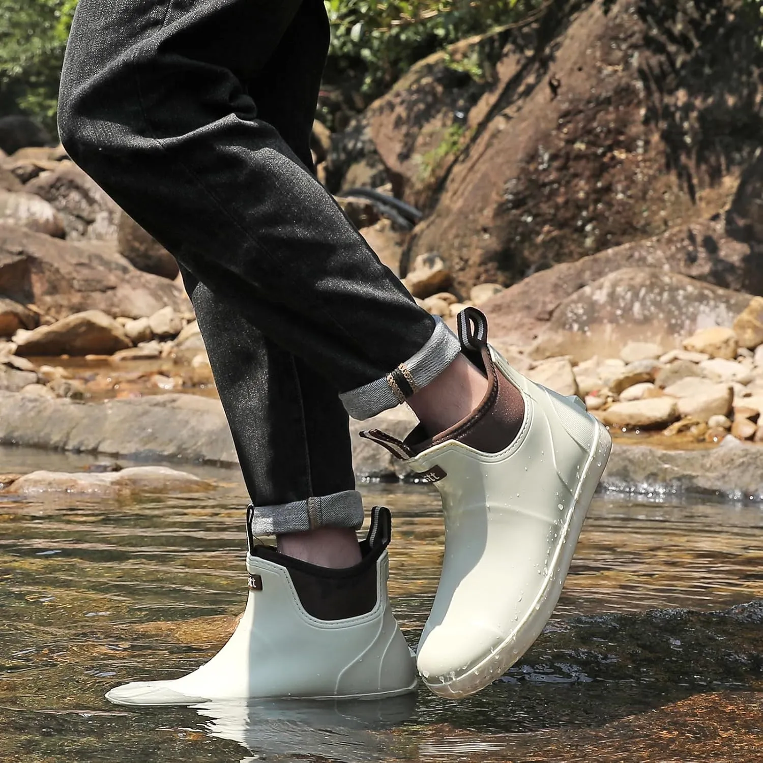 Mens Deck Boots, Waterproof Men High Traction Fishing Boots, Lightweight Garden Rain Boots, Rubber Boots for Work Ankle, Durable Water Shoes for Boat