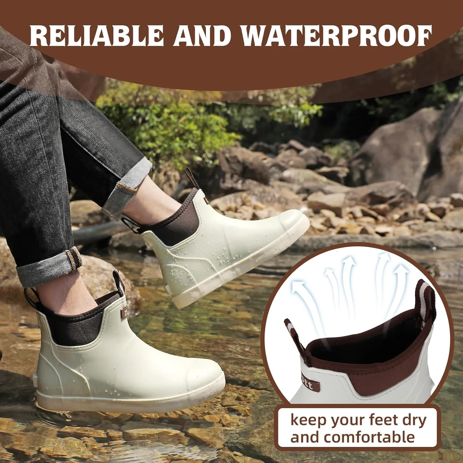 Mens Deck Boots, Waterproof Men High Traction Fishing Boots, Lightweight Garden Rain Boots, Rubber Boots for Work Ankle, Durable Water Shoes for Boat