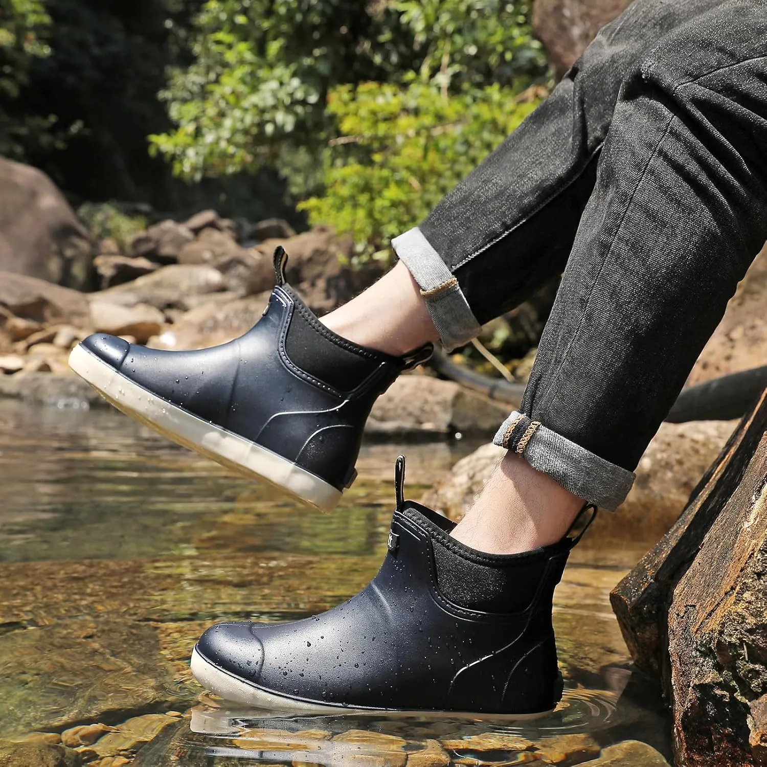 Mens Deck Boots, Waterproof Men High Traction Fishing Boots, Lightweight Garden Rain Boots, Rubber Boots for Work Ankle, Durable Water Shoes for Boat