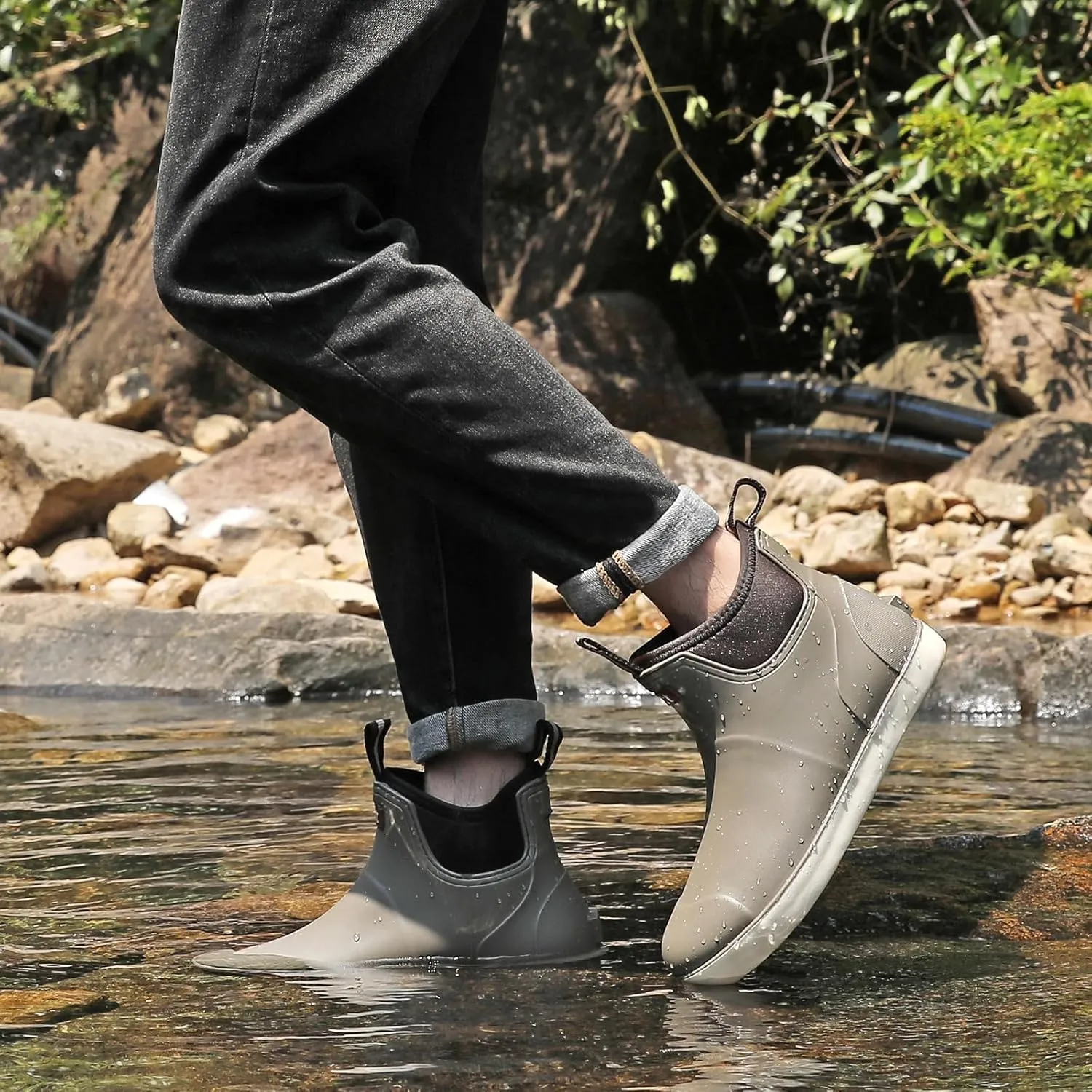 Mens Deck Boots, Waterproof Men High Traction Fishing Boots, Lightweight Garden Rain Boots, Rubber Boots for Work Ankle, Durable Water Shoes for Boat