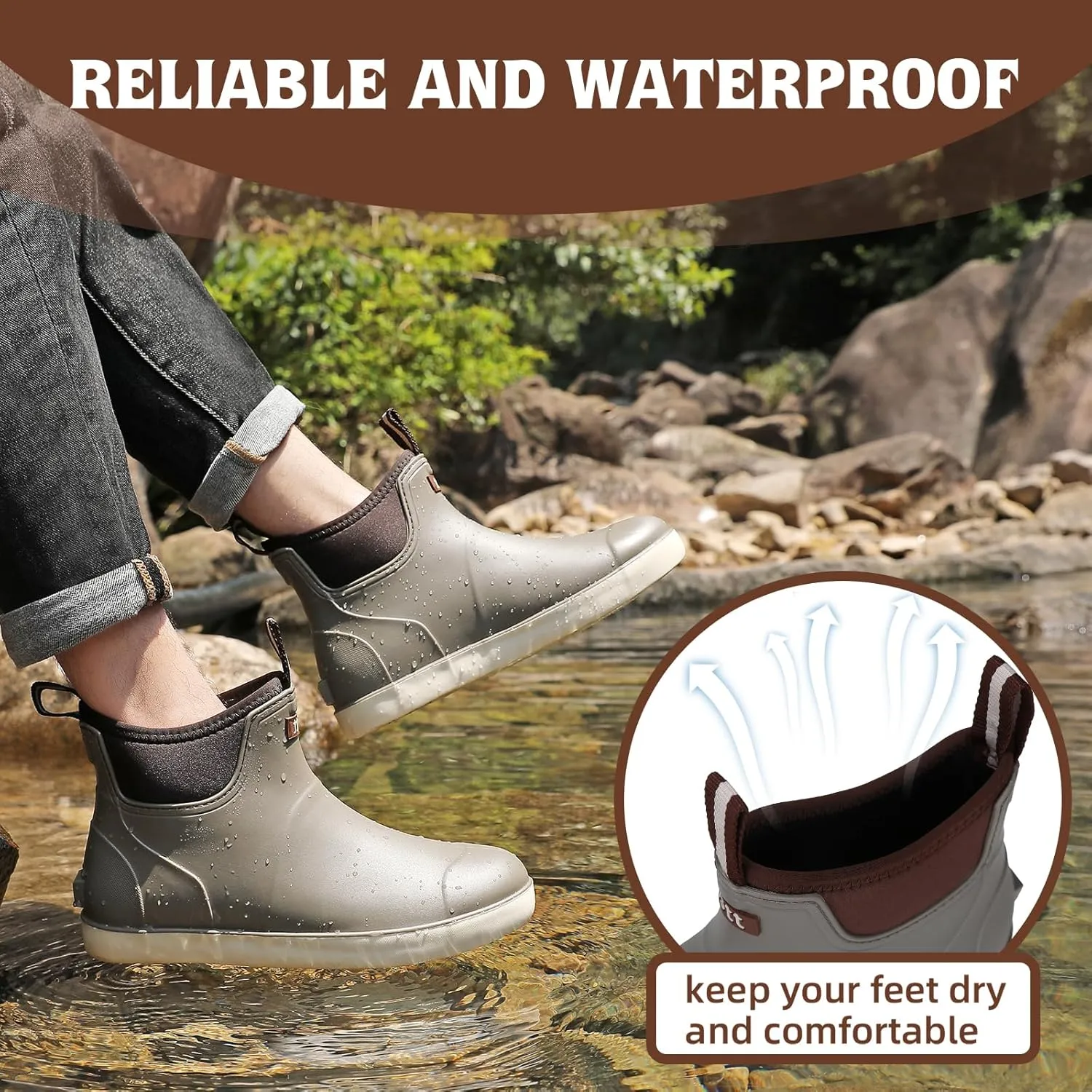 Mens Deck Boots, Waterproof Men High Traction Fishing Boots, Lightweight Garden Rain Boots, Rubber Boots for Work Ankle, Durable Water Shoes for Boat