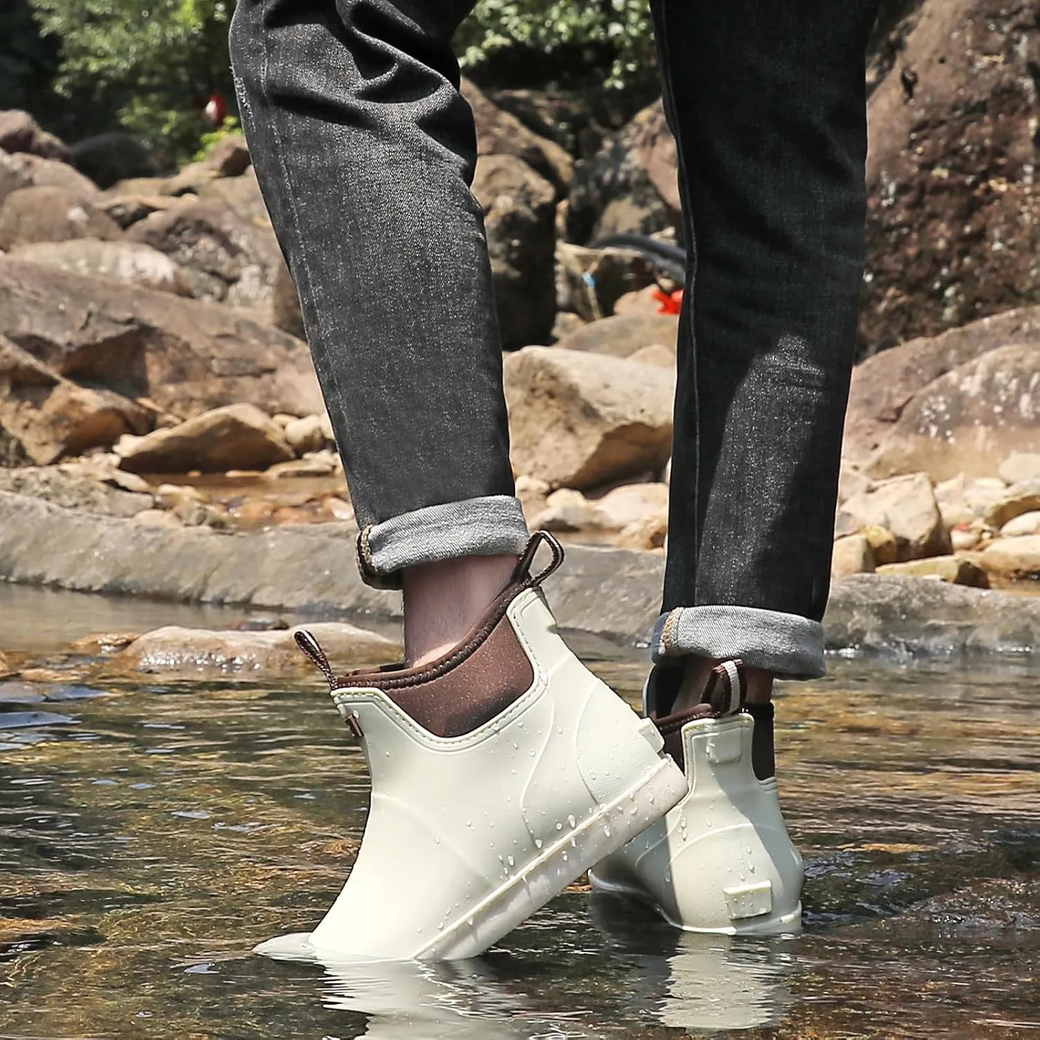 Mens Deck Boots, Waterproof Men High Traction Fishing Boots, Lightweight Garden Rain Boots, Rubber Boots for Work Ankle, Durable Water Shoes for Boat