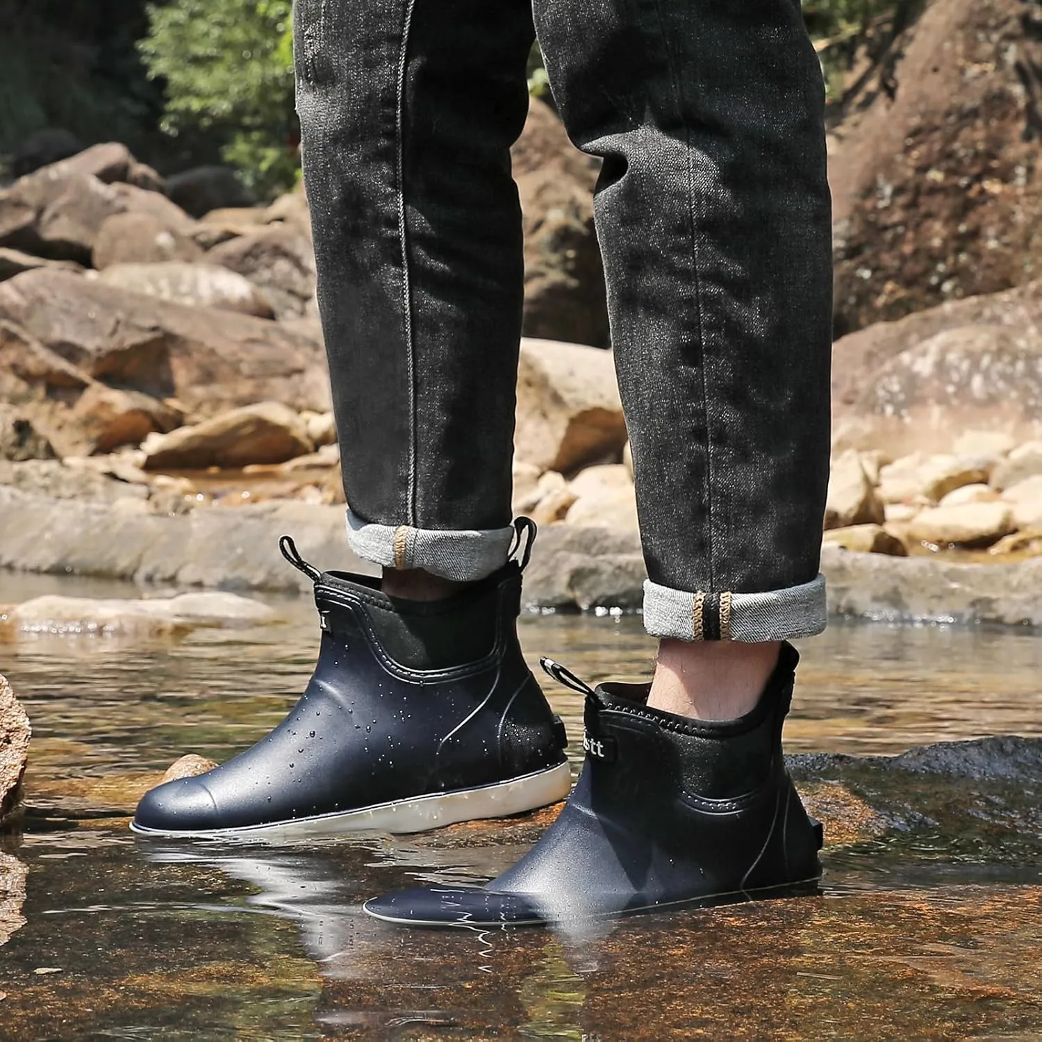 Mens Deck Boots, Waterproof Men High Traction Fishing Boots, Lightweight Garden Rain Boots, Rubber Boots for Work Ankle, Durable Water Shoes for Boat