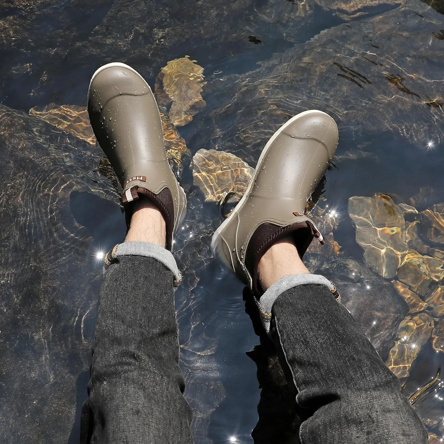 Mens Deck Boots, Waterproof Men High Traction Fishing Boots, Lightweight Garden Rain Boots, Rubber Boots for Work Ankle, Durable Water Shoes for Boat