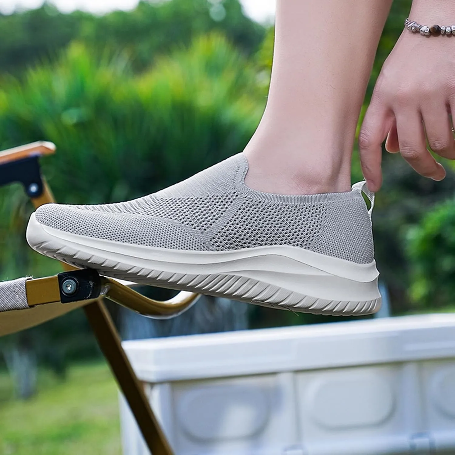 Men's Low Top Sock Shoes Convenient Slip On Mesh Sneakers Versatile Elastic Knit Walking Shoes Elderly Shoe
