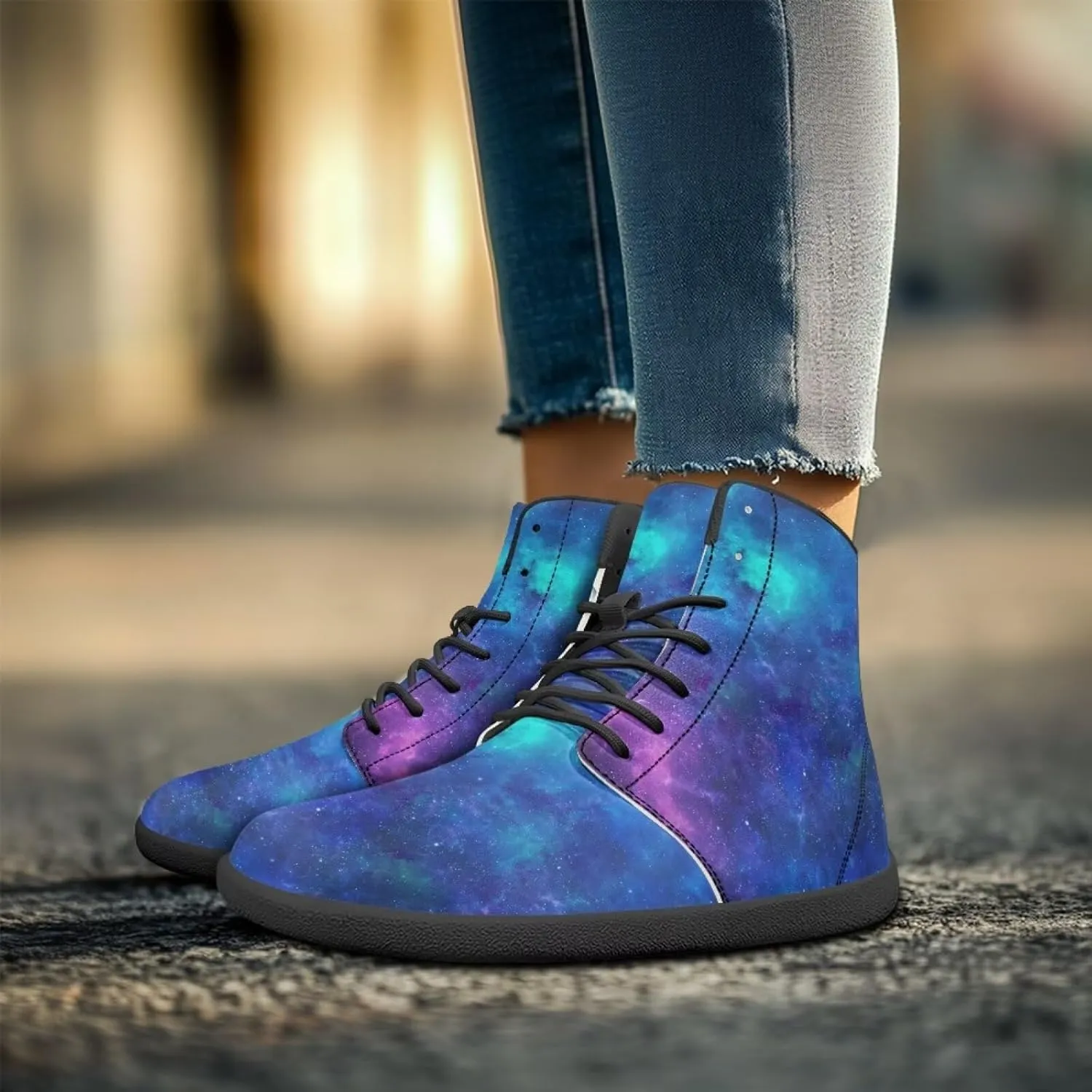 Moon Sun Men High Top Sneakers Lace-up Breathable PU Leather Shoes for Women Unique Versatile Wide Toe Shoes