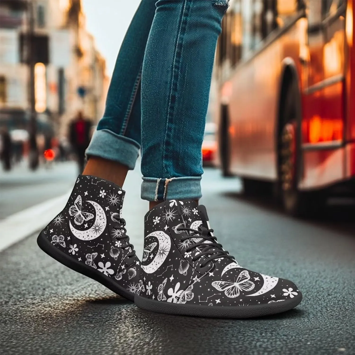 Moon Sun Men High Top Sneakers Lace-up Breathable PU Leather Shoes for Women Unique Versatile Wide Toe Shoes