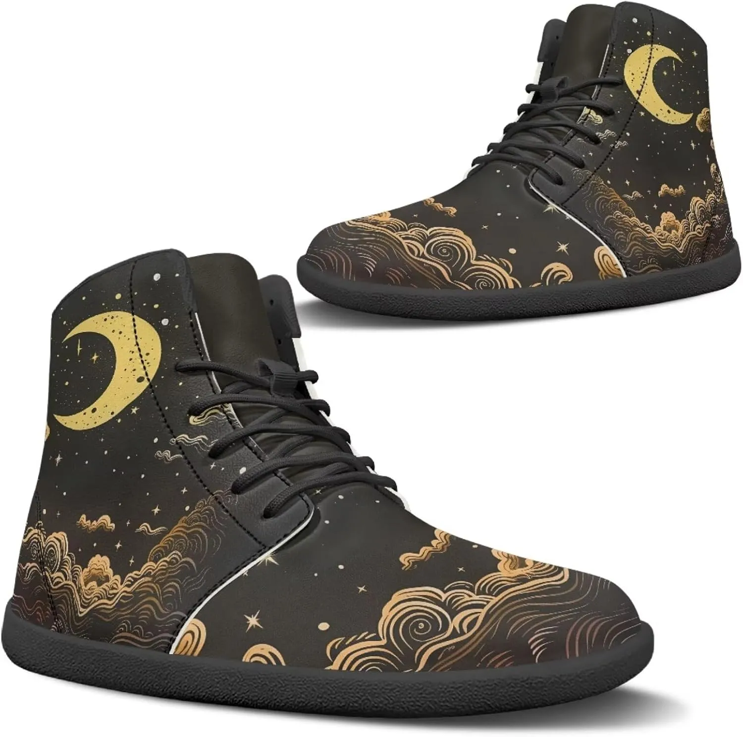Moon Sun Men High Top Sneakers Lace-up Breathable PU Leather Shoes for Women Unique Versatile Wide Toe Shoes