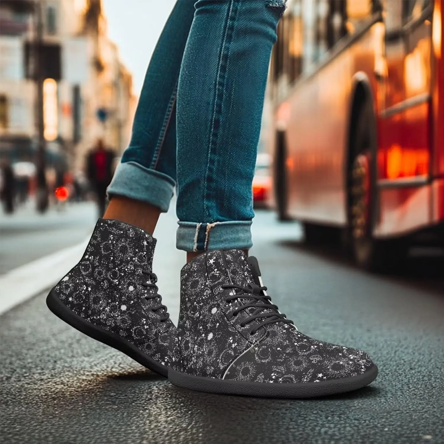 Moon Sun Men High Top Sneakers Lace-up Breathable PU Leather Shoes for Women Unique Versatile Wide Toe Shoes