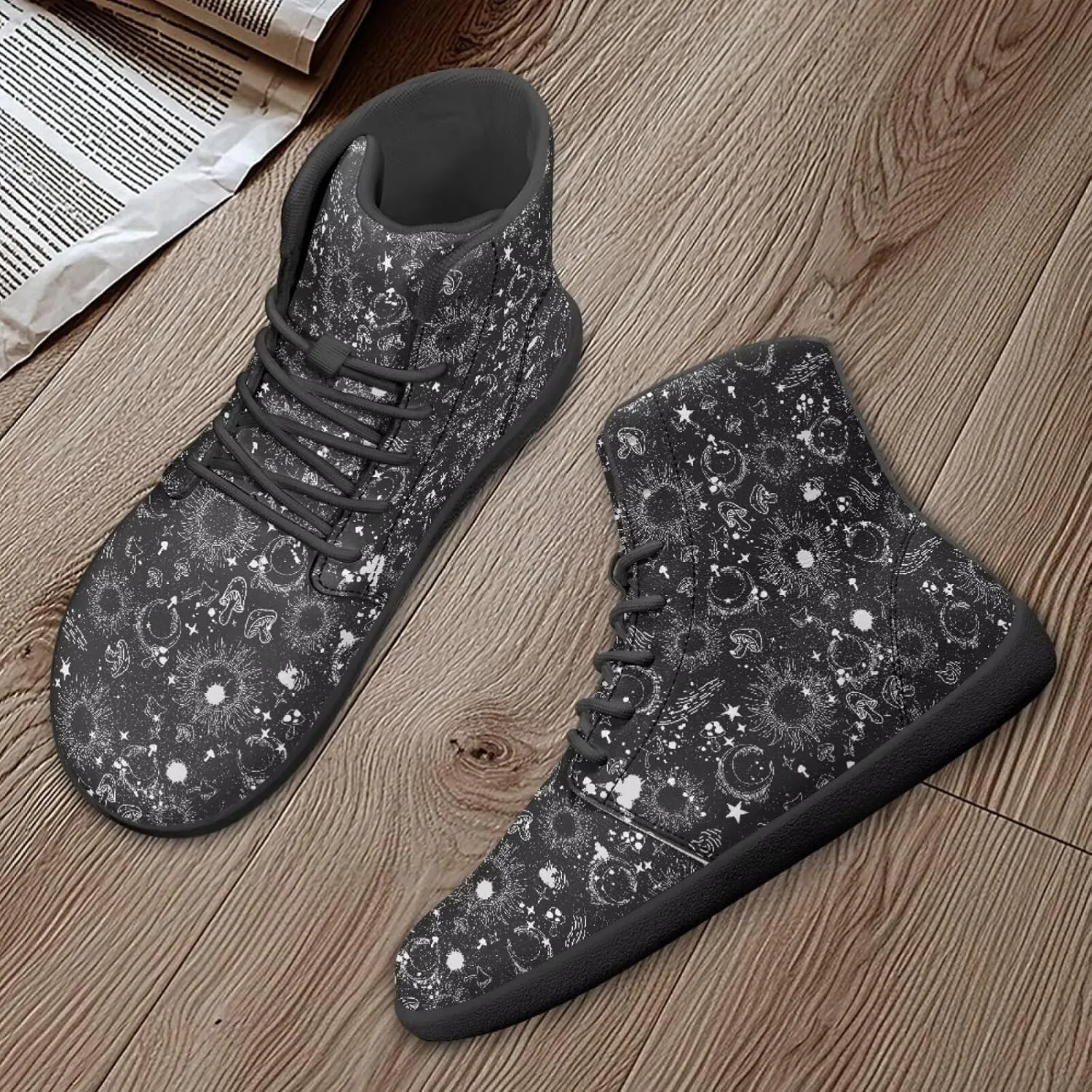 Moon Sun Men High Top Sneakers Lace-up Breathable PU Leather Shoes for Women Unique Versatile Wide Toe Shoes
