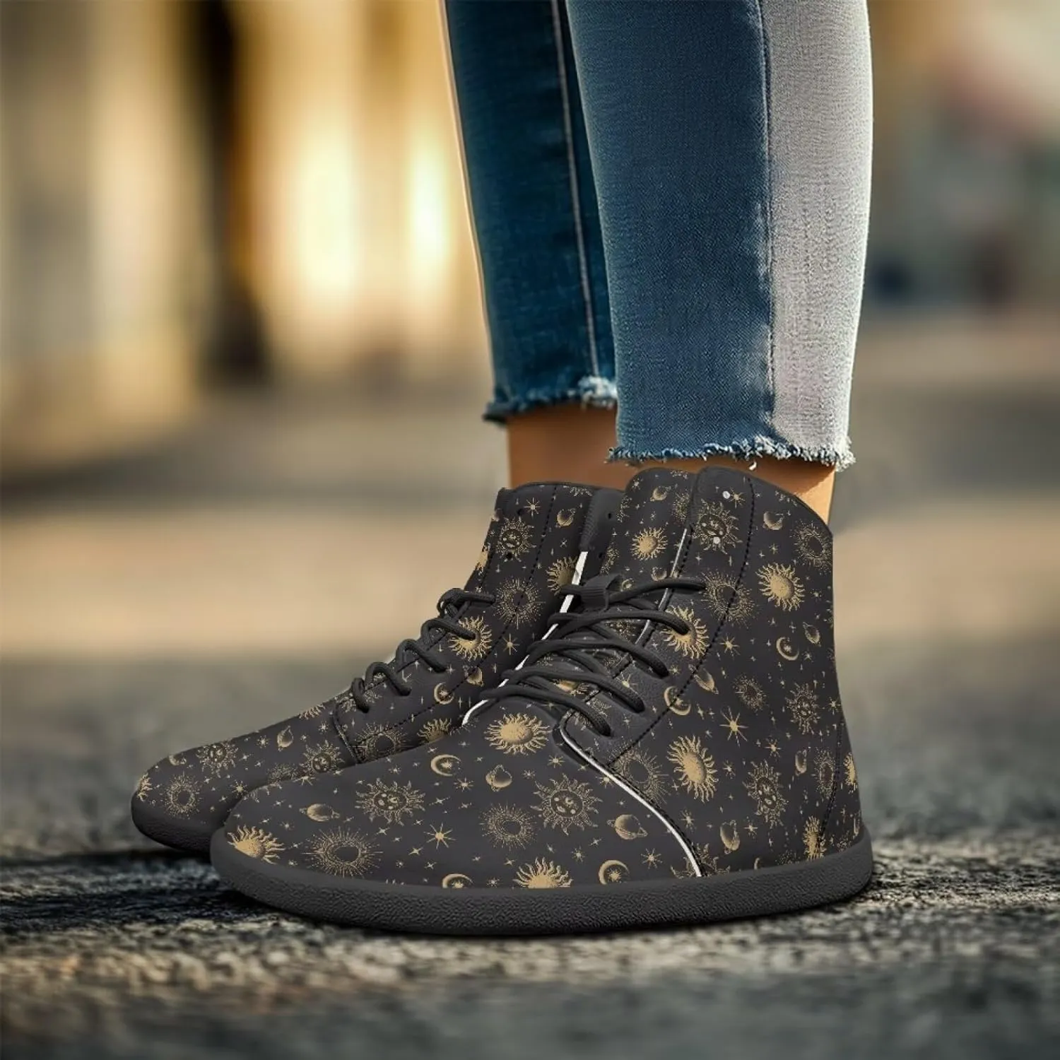 Moon Sun Men High Top Sneakers Lace-up Breathable PU Leather Shoes for Women Unique Versatile Wide Toe Shoes