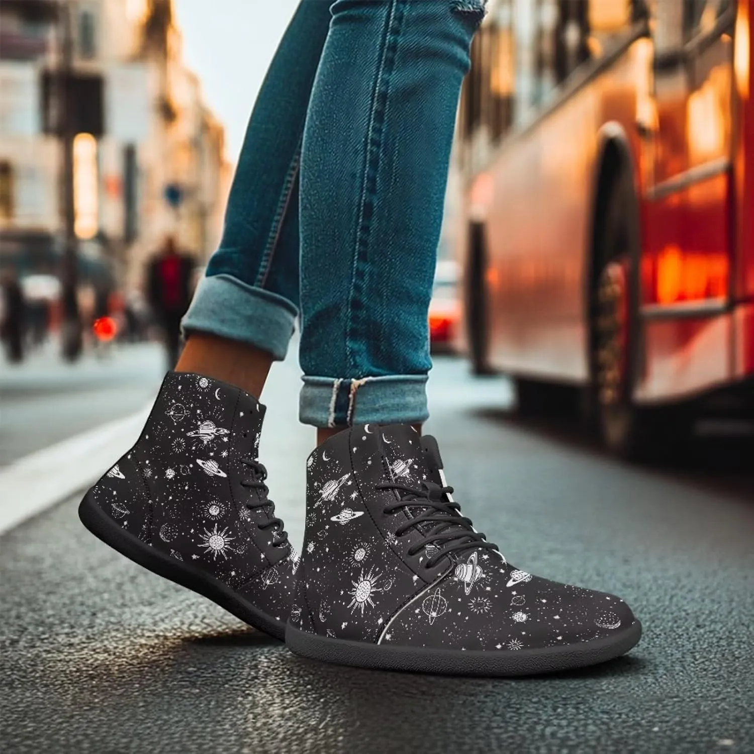 Moon Sun Men High Top Sneakers Lace-up Breathable PU Leather Shoes for Women Unique Versatile Wide Toe Shoes