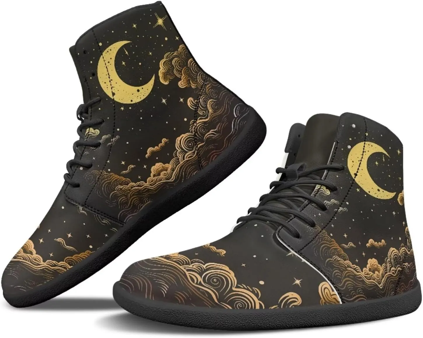 Moon Sun Men High Top Sneakers Lace-up Breathable PU Leather Shoes for Women Unique Versatile Wide Toe Shoes