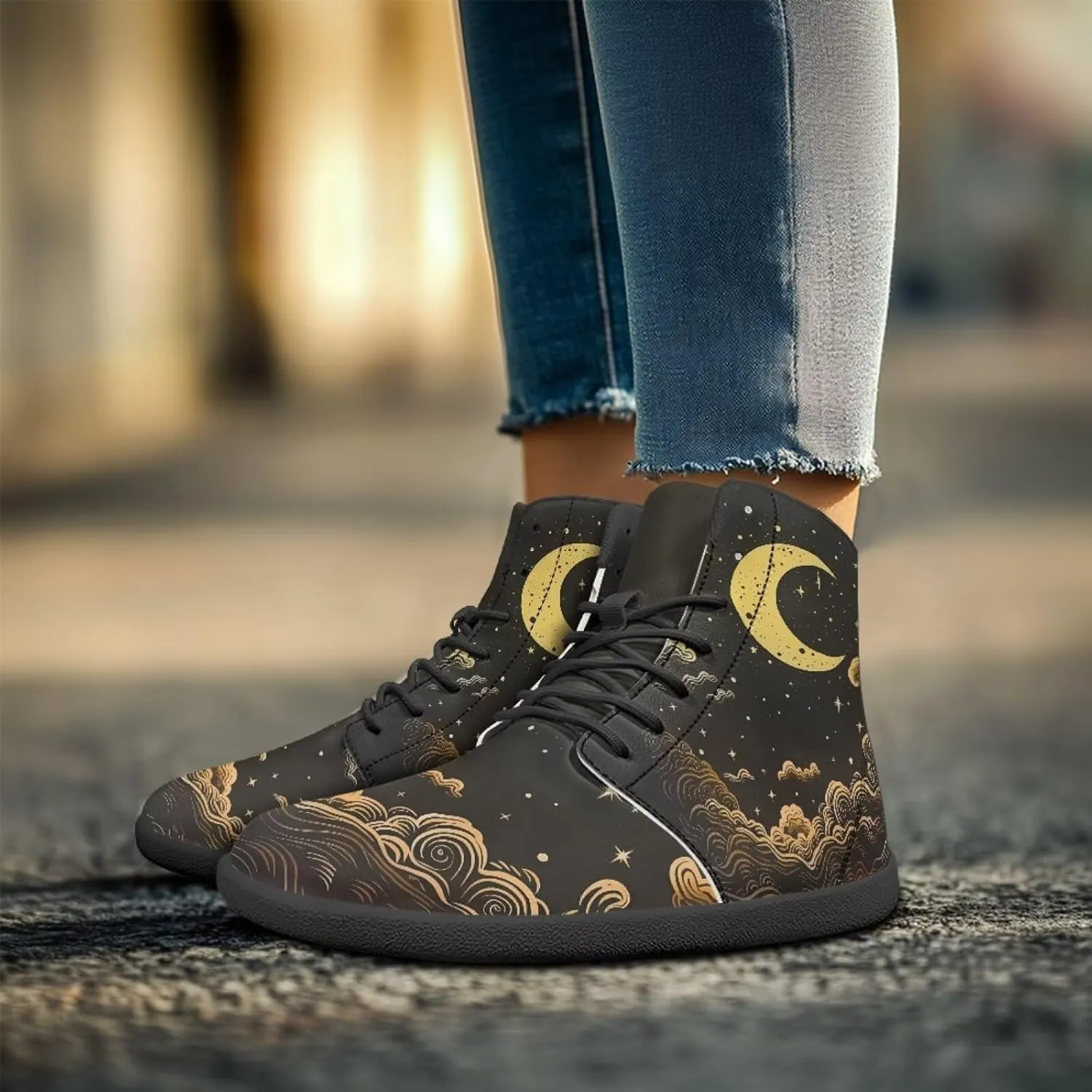 Moon Sun Men High Top Sneakers Lace-up Breathable PU Leather Shoes for Women Unique Versatile Wide Toe Shoes