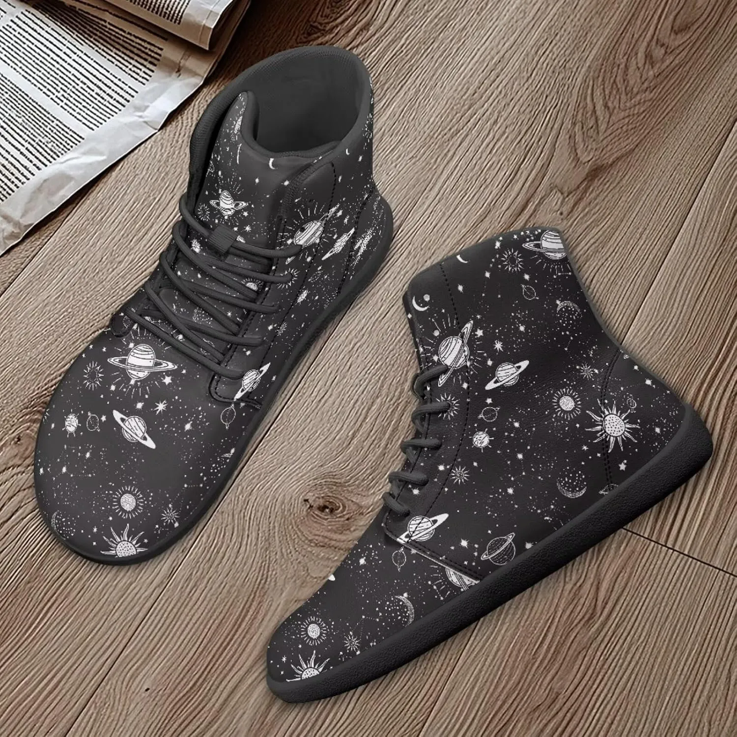 Moon Sun Men High Top Sneakers Lace-up Breathable PU Leather Shoes for Women Unique Versatile Wide Toe Shoes