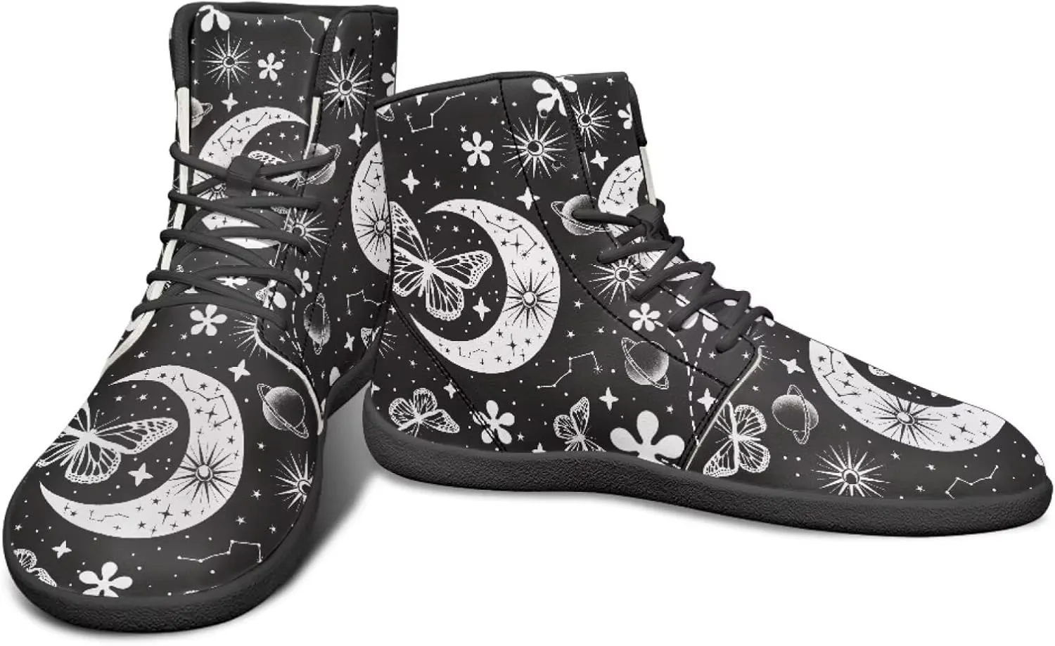 Moon Sun Men High Top Sneakers Lace-up Breathable PU Leather Shoes for Women Unique Versatile Wide Toe Shoes