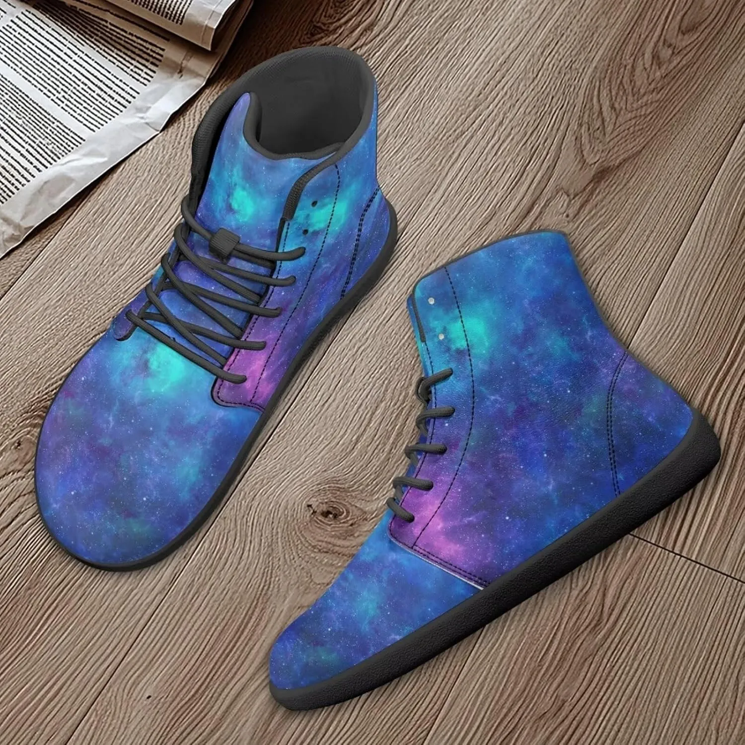 Moon Sun Men High Top Sneakers Lace-up Breathable PU Leather Shoes for Women Unique Versatile Wide Toe Shoes