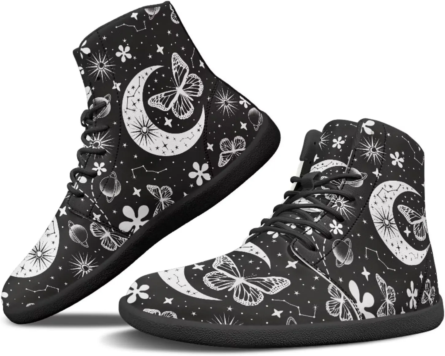 Moon Sun Men High Top Sneakers Lace-up Breathable PU Leather Shoes for Women Unique Versatile Wide Toe Shoes