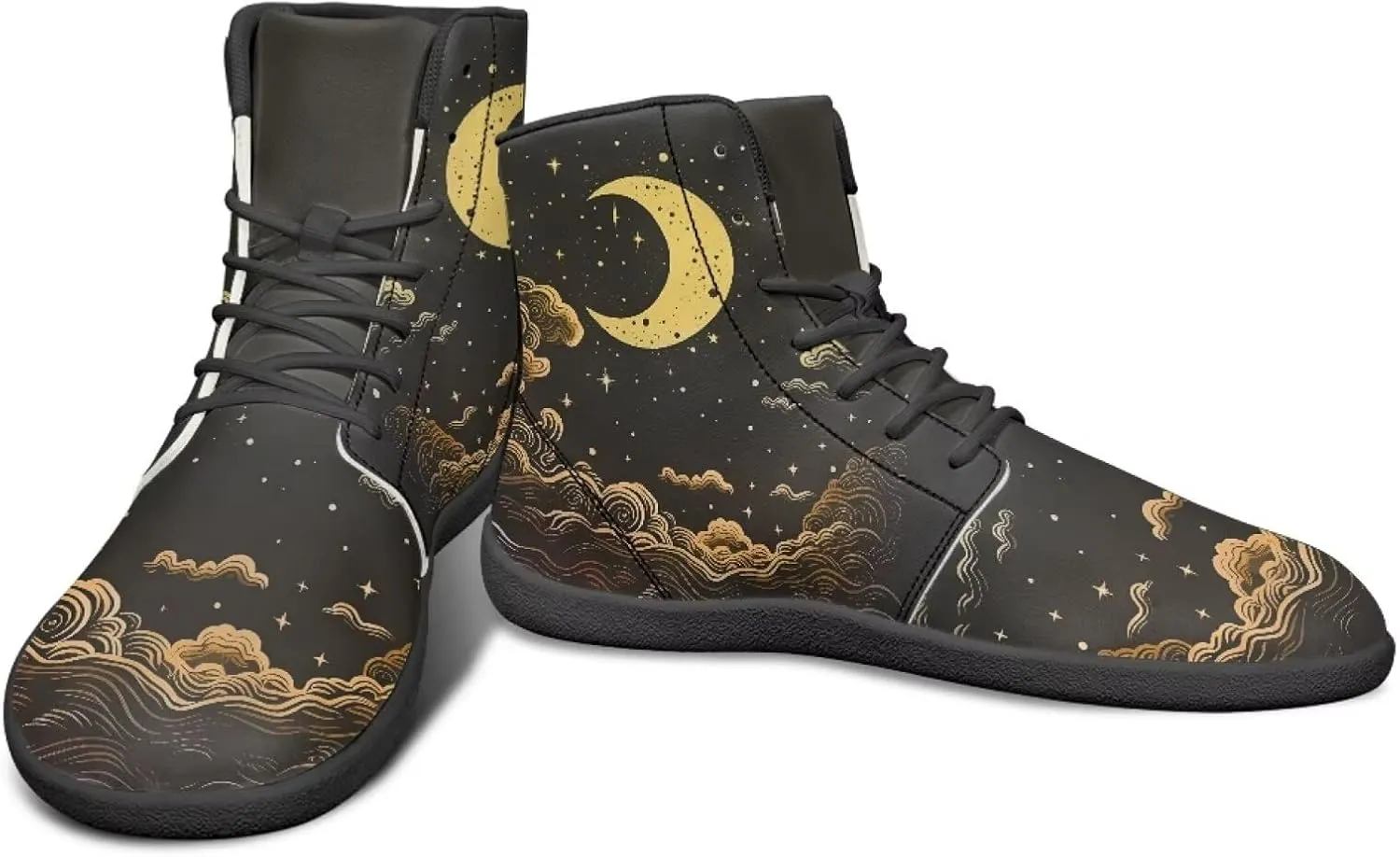Moon Sun Men High Top Sneakers Lace-up Breathable PU Leather Shoes for Women Unique Versatile Wide Toe Shoes