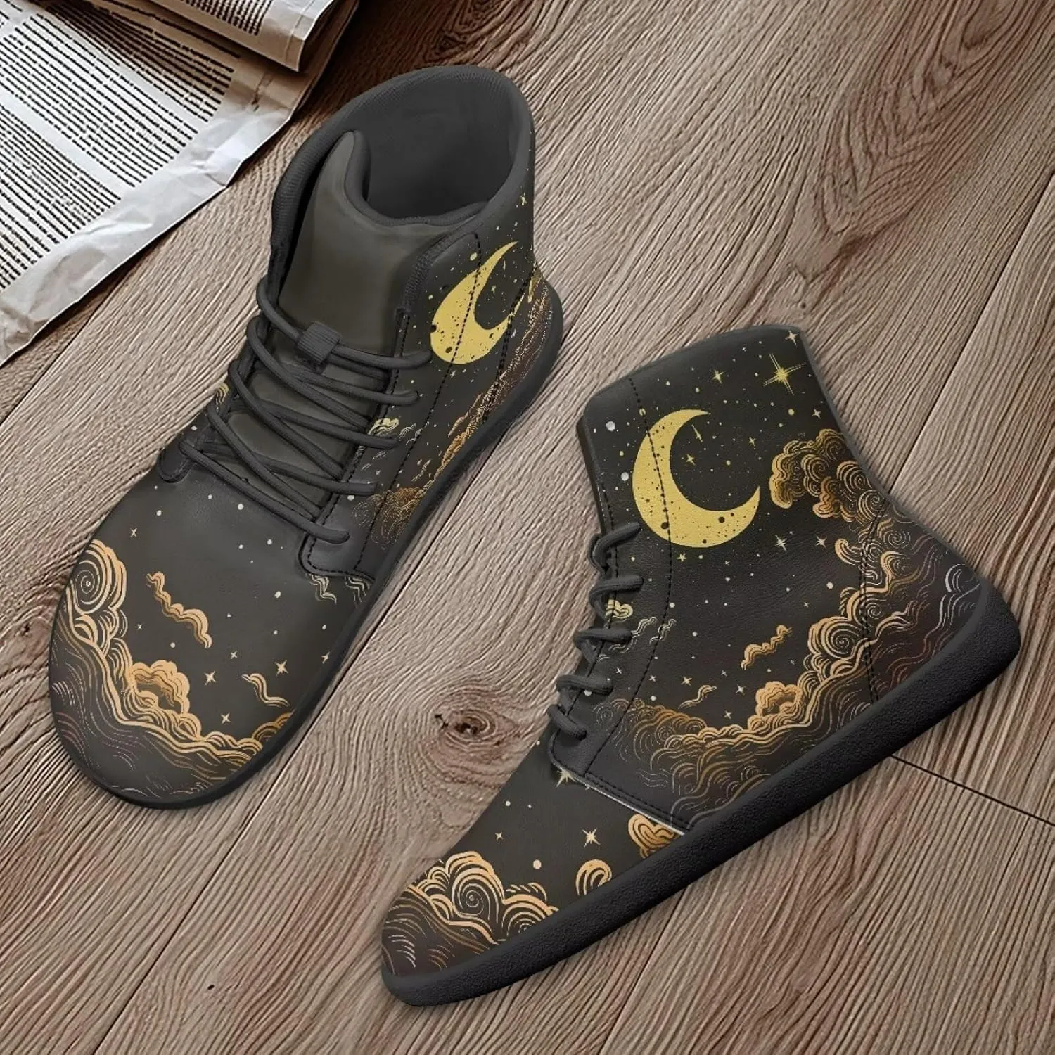 Moon Sun Men High Top Sneakers Lace-up Breathable PU Leather Shoes for Women Unique Versatile Wide Toe Shoes