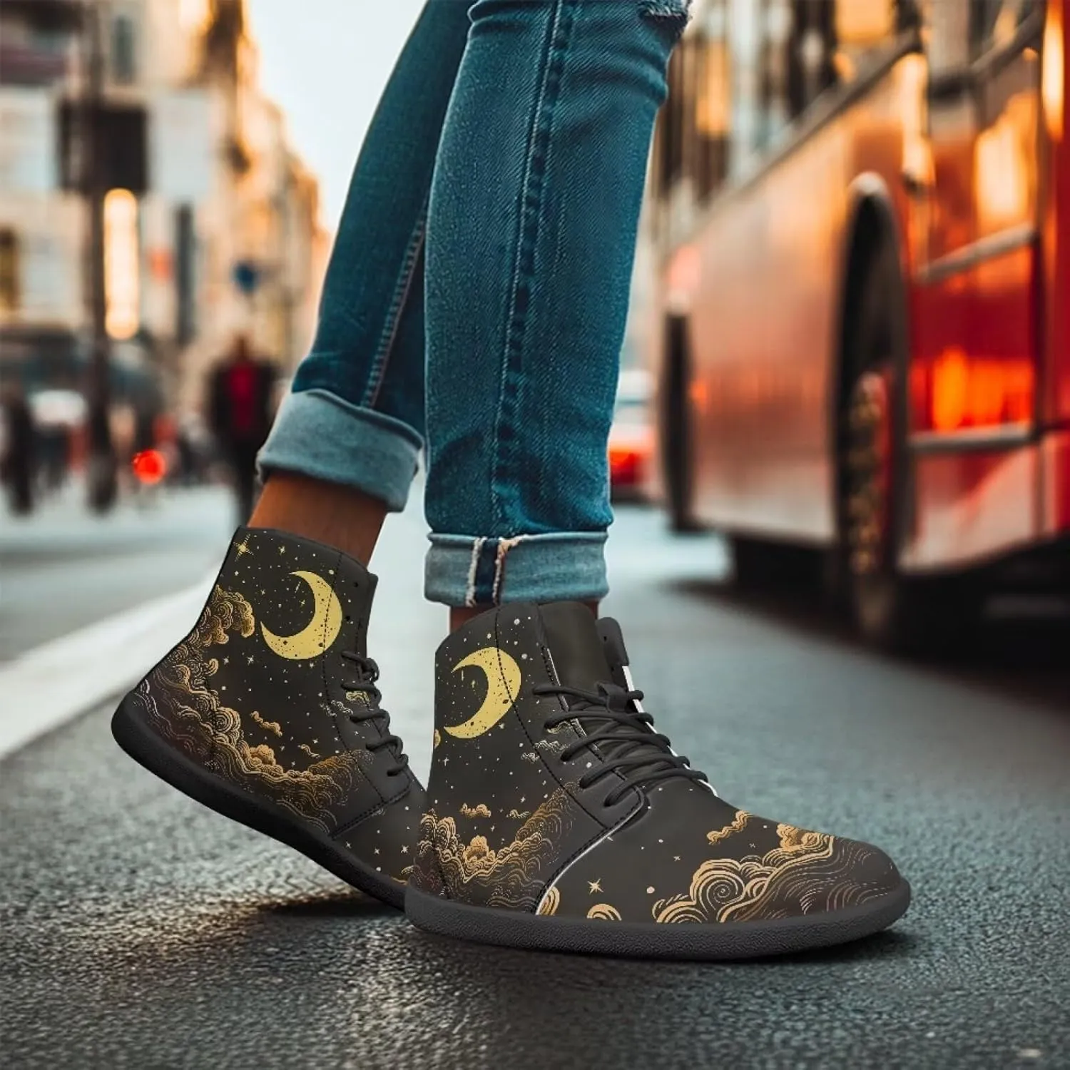 Moon Sun Men High Top Sneakers Lace-up Breathable PU Leather Shoes for Women Unique Versatile Wide Toe Shoes