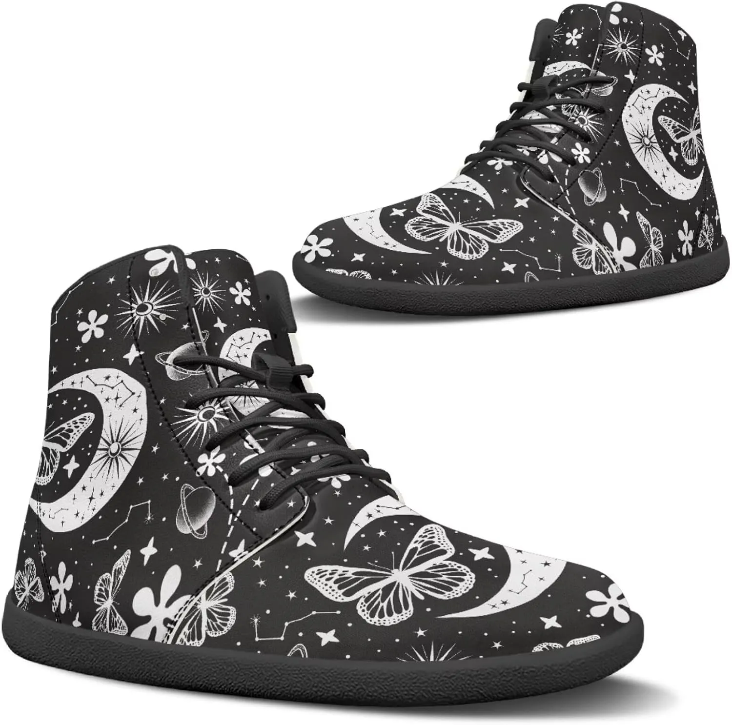 Moon Sun Men High Top Sneakers Lace-up Breathable PU Leather Shoes for Women Unique Versatile Wide Toe Shoes